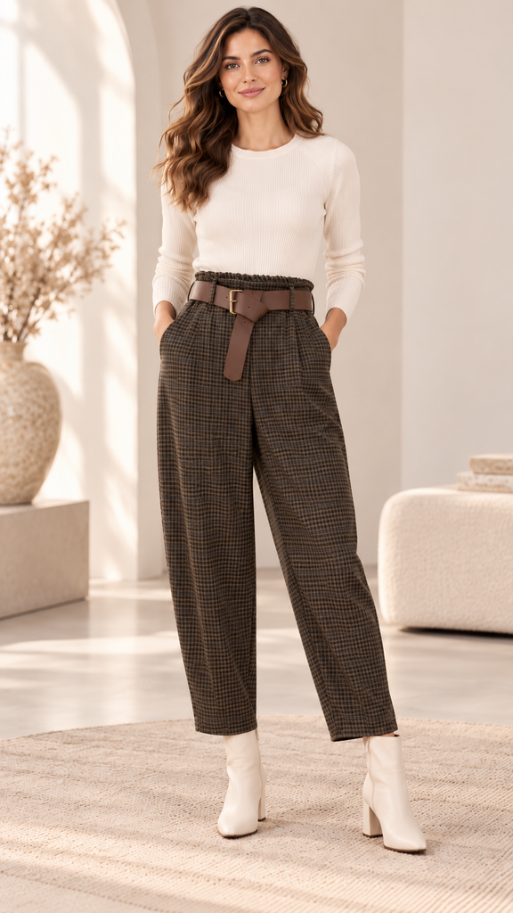 Pantalon à carreaux ceinturé — TU (Beige)
