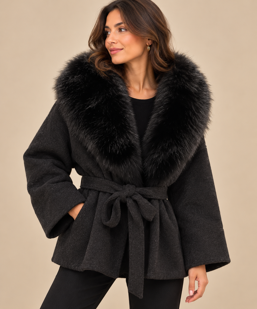 Veste ceinturée anthracite à grand col — TU