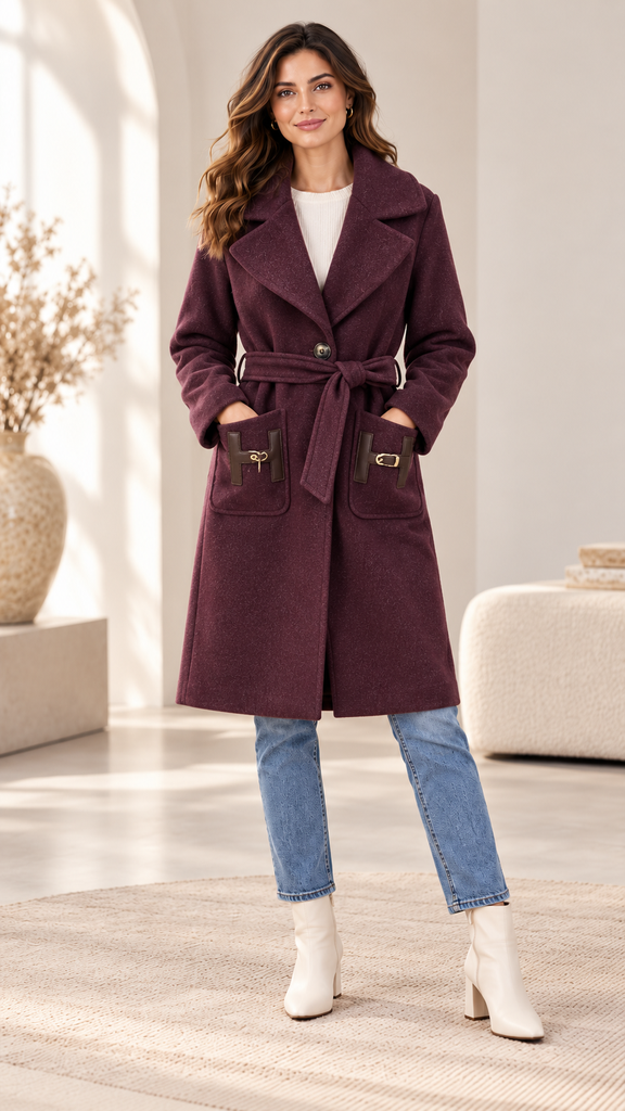 Manteau ceinturé bordeaux — TU